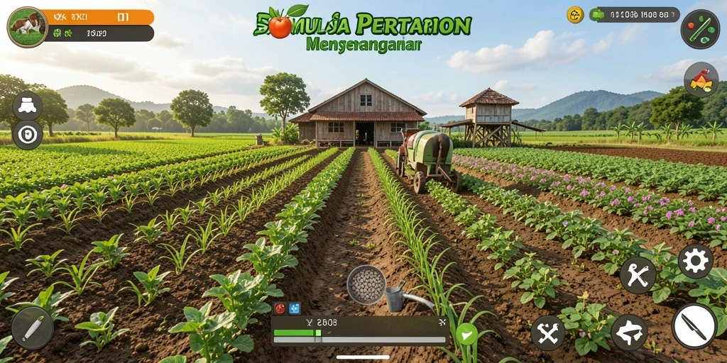 Tampilan gameplay <strong>5ZK</strong> menunjukkan lahan pertanian penuh warna dan aktivitas yang dinamis.