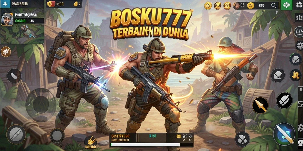 Tampilan seru pertandingan di BOSKU777 dengan aksi Battle Royale yang intens.