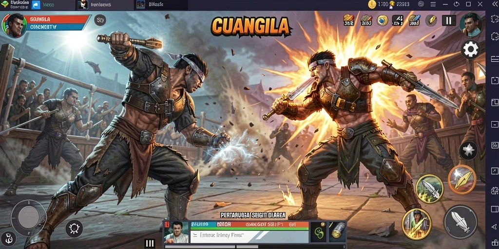 Screenshot gameplay CUANGILA menampilkan pertarungan seru di arena.