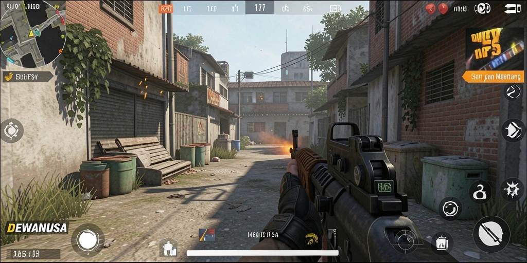 Tampilan gameplay seru dalam DEWANUSA dengan berbagai senjata dan karakter.