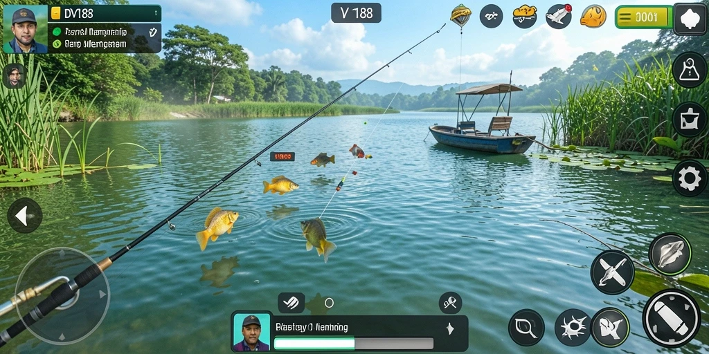 Tampilan gameplay DV188 yang menampilkan aksi memancing seru.