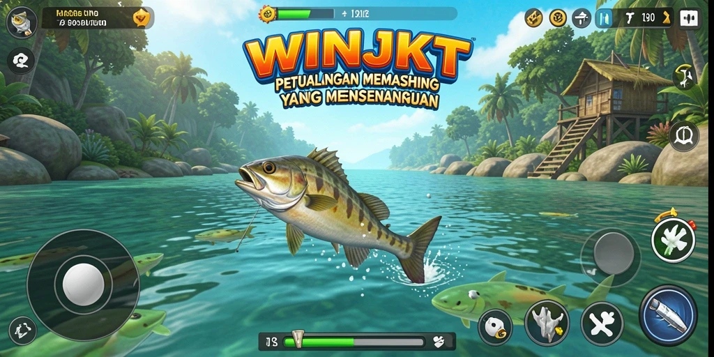 Screenshot gameplay WINJKT memperlihatkan keseruan memancing di danau yang indah.